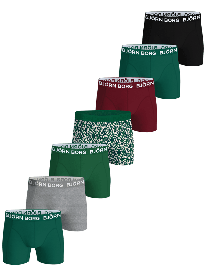 Front view of Cotton Stretch Boxer briefs 7-pack for kids showing the multi-color assortment and white logo waistbands.