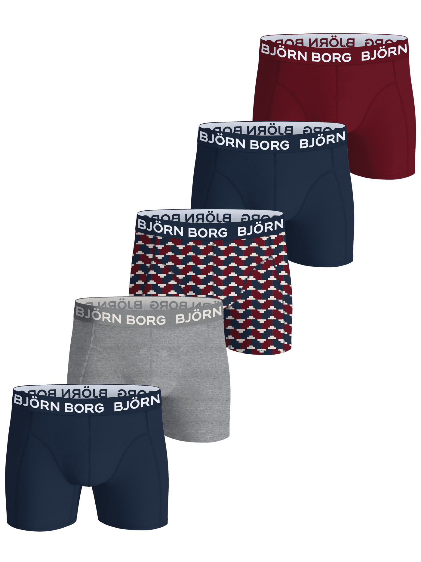 Cotton Stretch Boxers 5-pack in red, blue, print, melange, and blue featuring the iconic Björn Borg logo waistband - Image 1