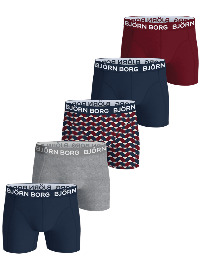 Cotton Stretch Boxers 5-pack in red, blue, print, melange, and blue featuring the iconic Björn Borg logo waistband