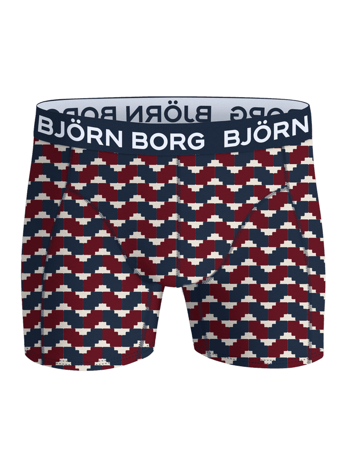 Front view of Cotton Stretch Boxers 5-pack with red, blue, and white pattern and blue waistband with white logo.