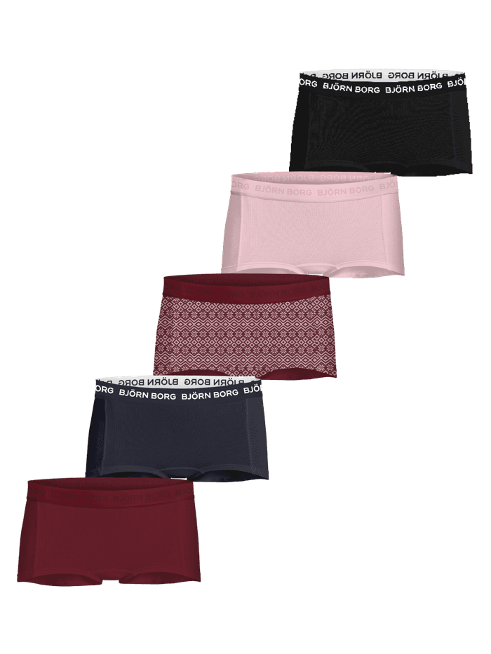 Front view of Cotton Stretch Boxer Shorts 5-pack with printed and solid designs featuring signature logo waistbands.