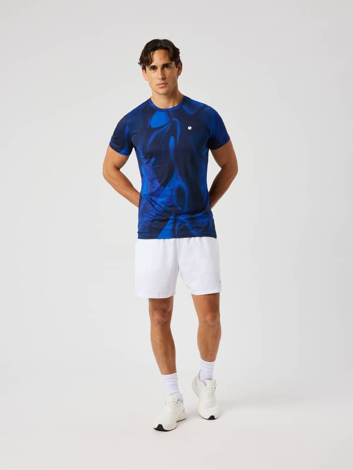 Ace Printed T-Shirt in blue with an abstract wave pattern and a white logo for tennis.