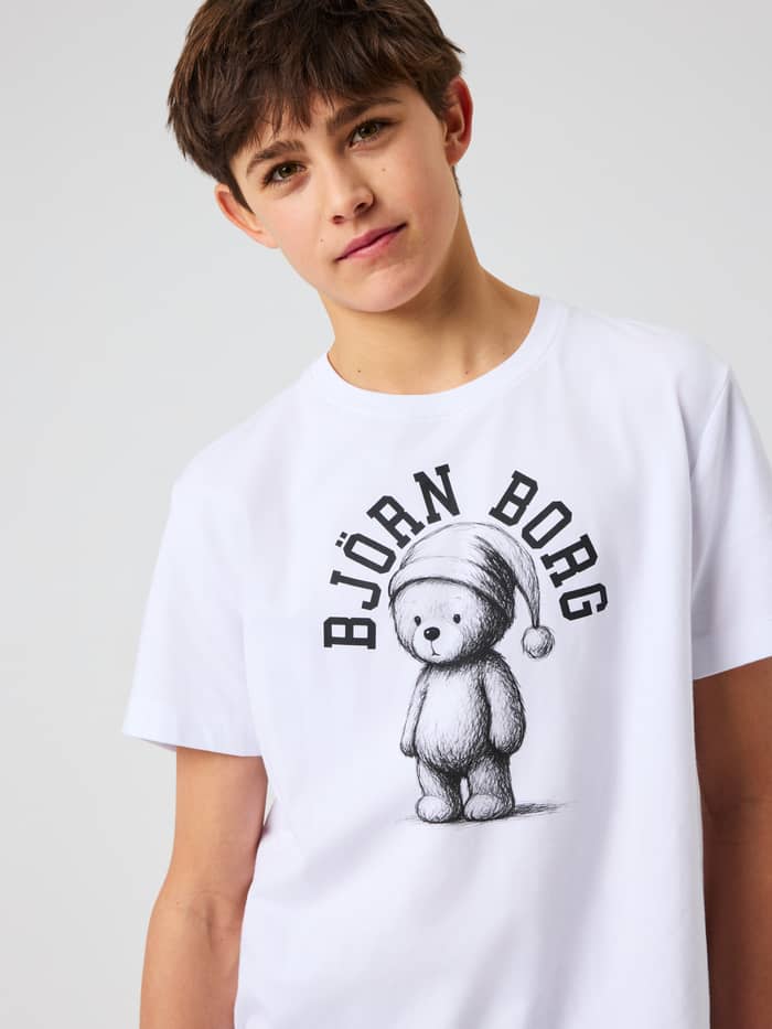 Close-up of the Core Loungewear T-Shirt in Brilliant White with a festive teddy bear graphic.