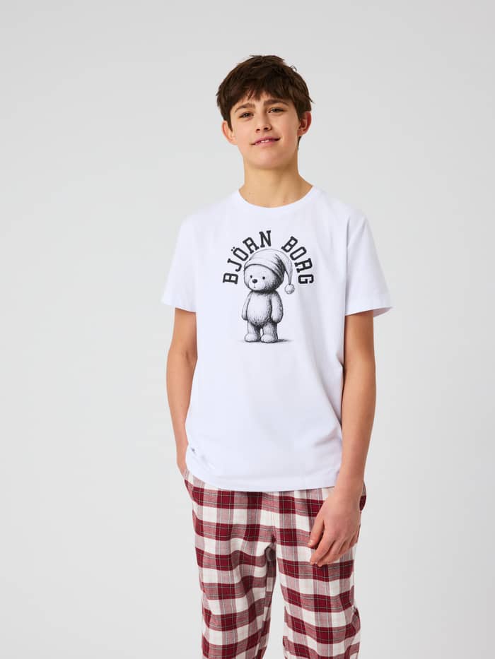 Front view of the Borg Core Loungewear T-Shirt in Brilliant White featuring a graphic bear print and black logo text.