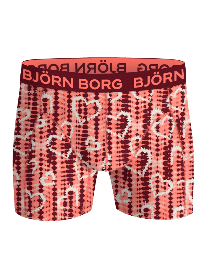 Front view of Bamboo Cotton Blend Boxer 2-pack with pink and red heart pattern and contrasting branded waistband.