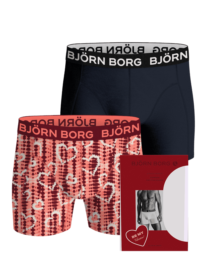 Bamboo Cotton Blend Boxer Briefs 2-pack with a heart pattern, featuring a black waistband with a white Björn Borg logo.
