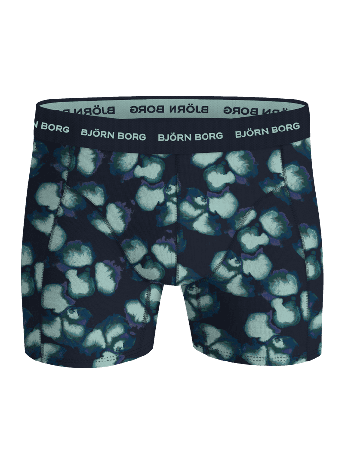 Cotton Stretch Boxers 3-pack featuring a dark blue and green floral pattern and a logo waistband.