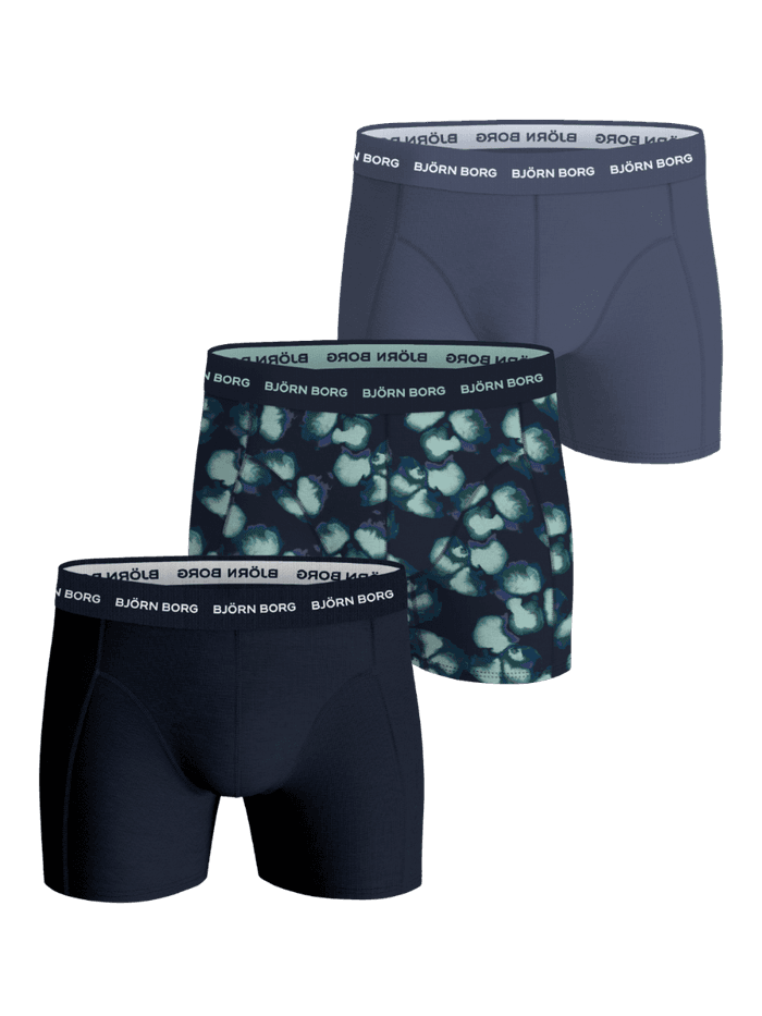 Cotton Stretch Boxers 3-pack in blue, navy, and a green floral pattern, featuring boxer briefs with a white logo waistband.