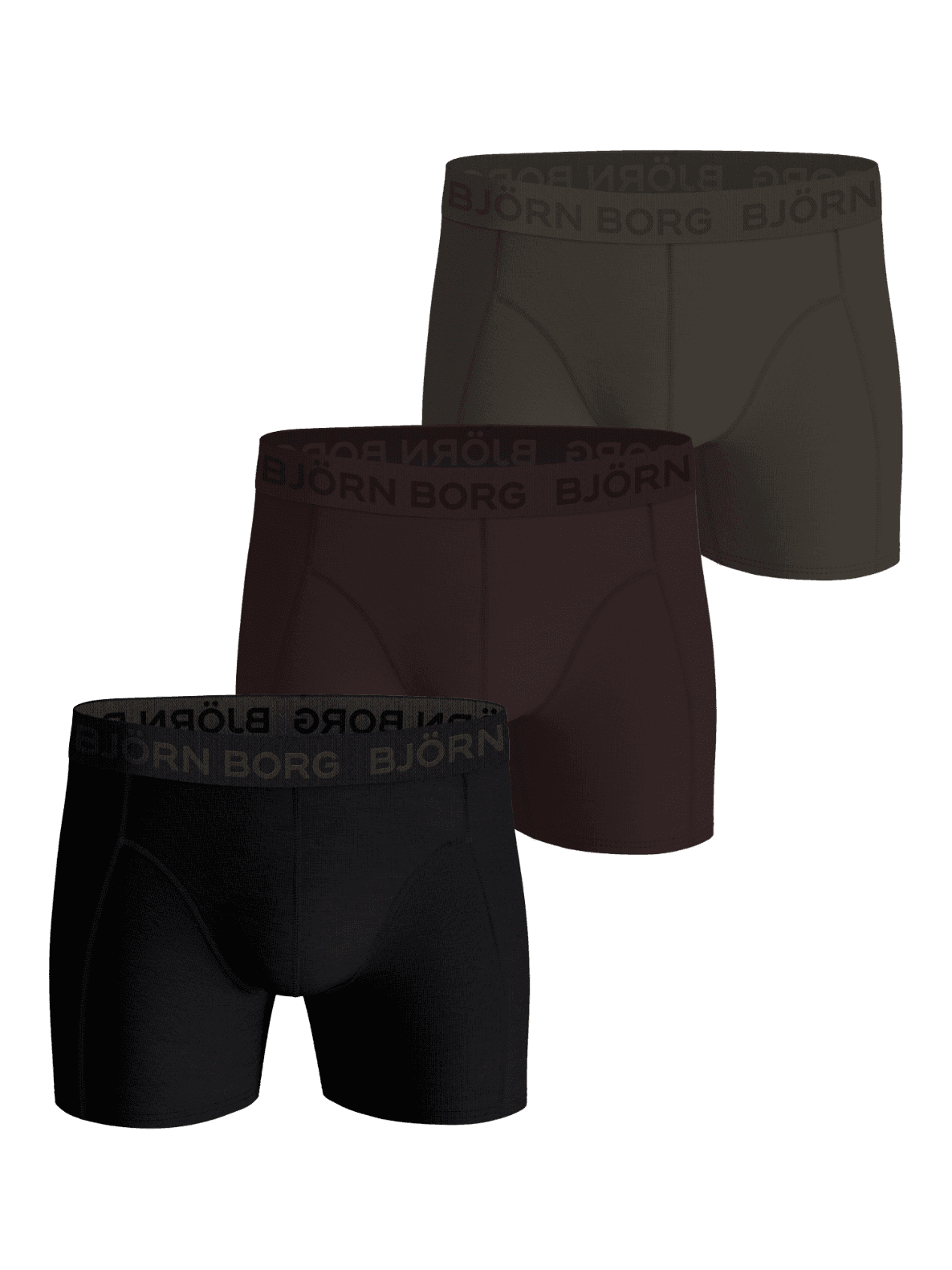 Front view of the Cotton Stretch Boxer briefs 3-pack featuring three distinct colors with elastic logo waistbands. - Image 1