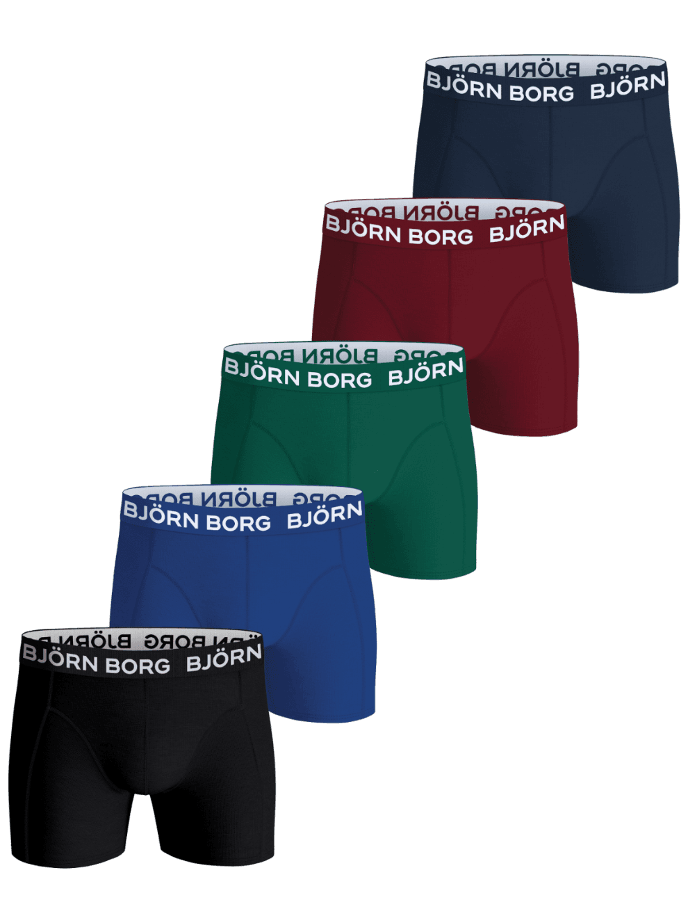 Cotton Stretch Boxers 5-pack in black, blue, green, burgundy, and navy, featuring boxer briefs with a white logo waistband. - Image 1