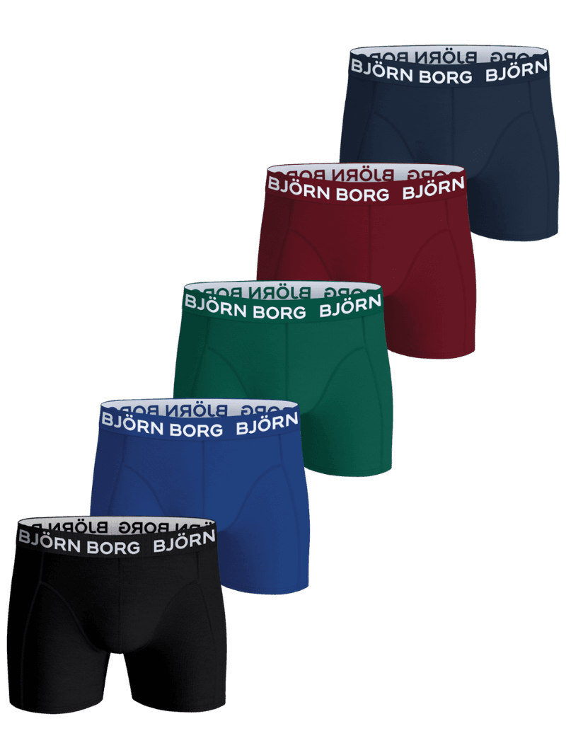 Cotton Stretch Boxers 5-pack in black, blue, green, burgundy, and navy, featuring boxer briefs with a white logo waistband.