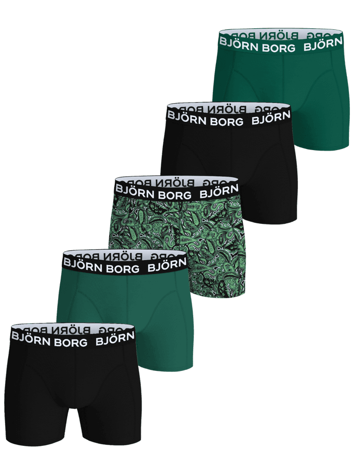 Front view of the Cotton Stretch Boxers 5-pack featuring multi-colored boxer briefs with white logo waistbands.