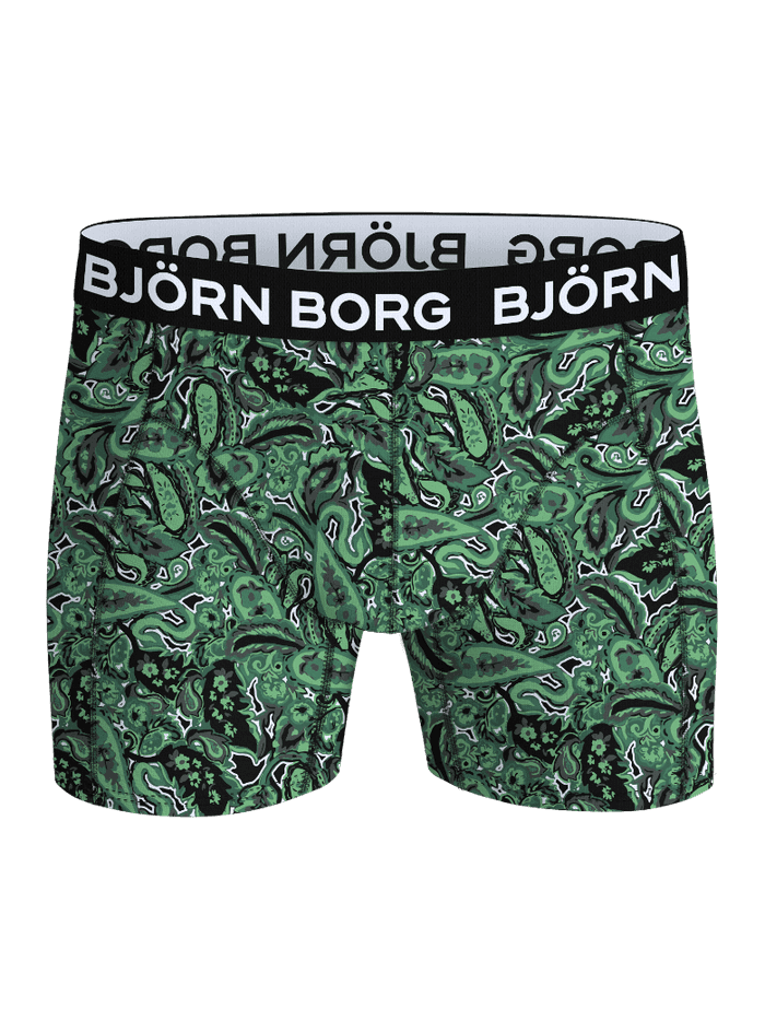 Front view of the Cotton Stretch Boxer briefs in green paisley with a black and white logo waistband.