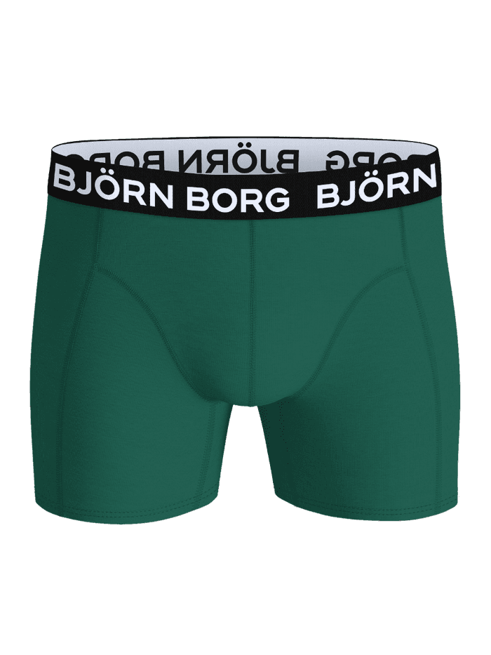 Front view of a green Cotton Stretch boxer brief with a black waistband and white Björn Borg logo text.