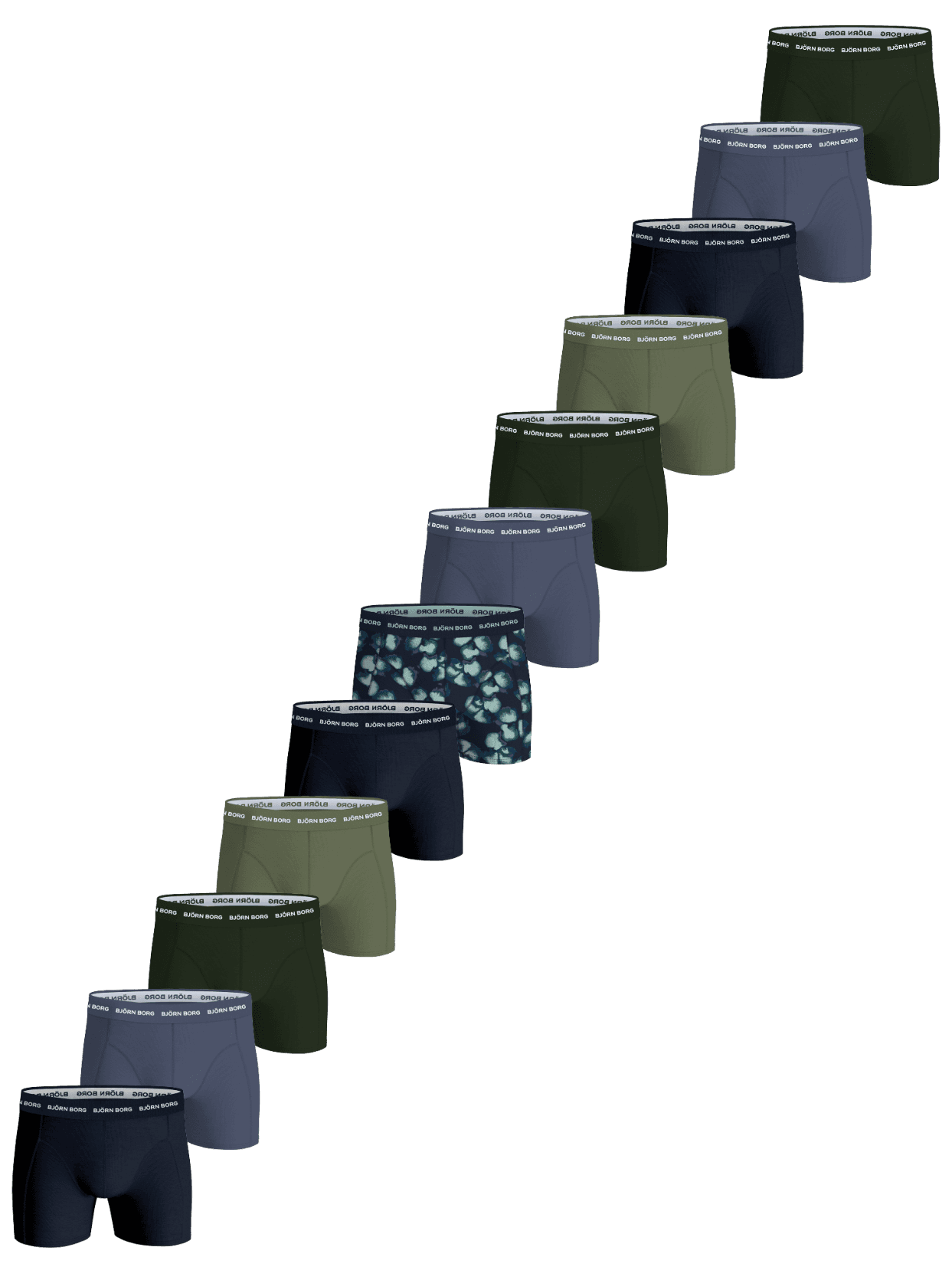 Cotton Stretch Boxers 12-pack in green, blue, and navy, featuring boxer briefs with a white logo waistband. - Image 1