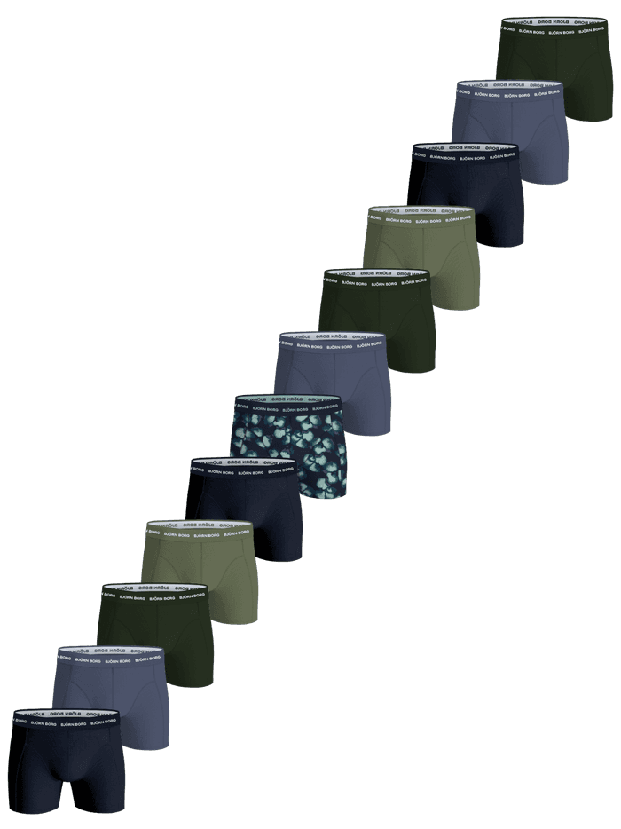Cotton Stretch Boxers 12-pack in green, blue, and navy, featuring boxer briefs with a white logo waistband.
