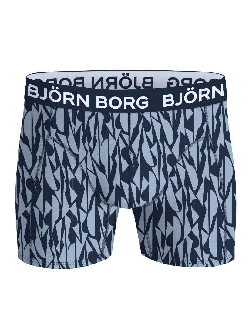 Front view of the Cotton Stretch Boxers 12-pack with a blue abstract print and a dark blue waistband showing white logo text. - Image 7