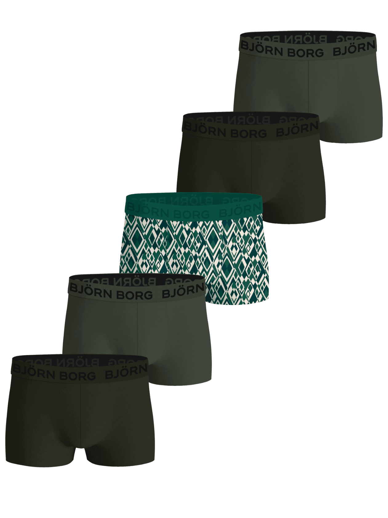 Cotton Stretch boxer briefs 5-pack in multi green featuring solid colors and geometric pattern with elastic logo waistbands. - Image 1