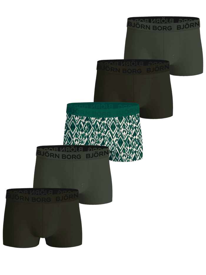 Cotton Stretch boxer briefs 5-pack in multi green featuring solid colors and geometric pattern with elastic logo waistbands.