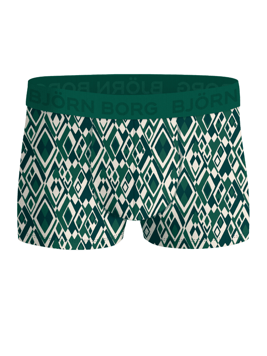 Front view of the Cotton Stretch Trunks 5-pack featuring a green geometric diamond pattern and a green branded waistband. - Image 5