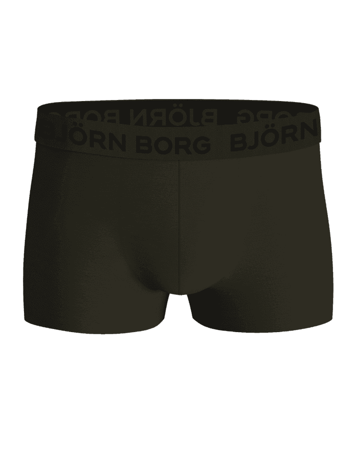 Front view of the Cotton Stretch Trunks 5-pack in dark green with a black elastic waistband featuring the Björn Borg logo.