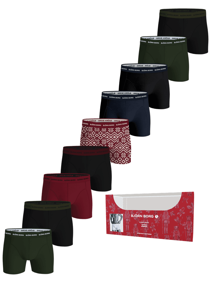 Cotton Stretch Boxers 9-pack displayed with all included boxer briefs and the holiday packaging box.