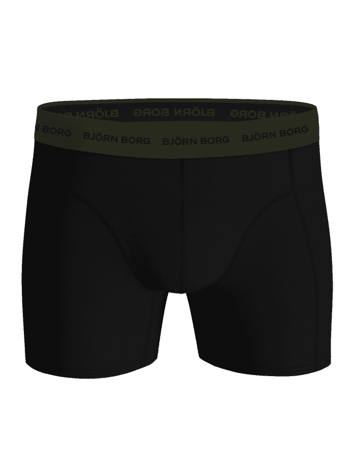 Front view of the Cotton Stretch Boxers 9-pack in black with an olive green branded waistband featuring the Björn Borg logo.