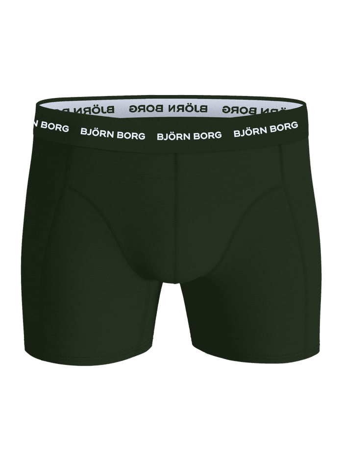 Front view of the Cotton Stretch Boxers 9-pack in dark green with a white elastic waistband featuring the Björn Borg logo.
