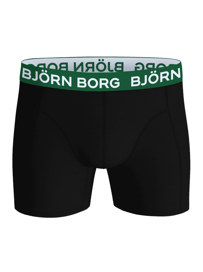 Front view of the Cotton Stretch Boxers 9-pack in black with a green waistband featuring white logo text.