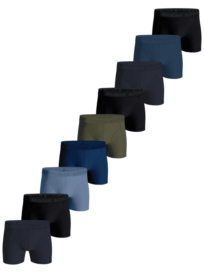 Cotton Stretch Boxers 9-pack in black, blue, green, and navy, featuring boxer briefs with an elastic logo waistband.