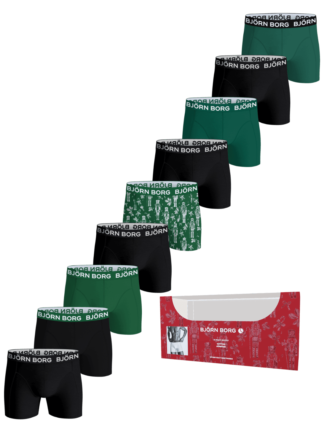 Cotton Stretch Boxers 9-pack in multi featuring solid and patterned boxer briefs alongside the red holiday presentation box. - Image 1