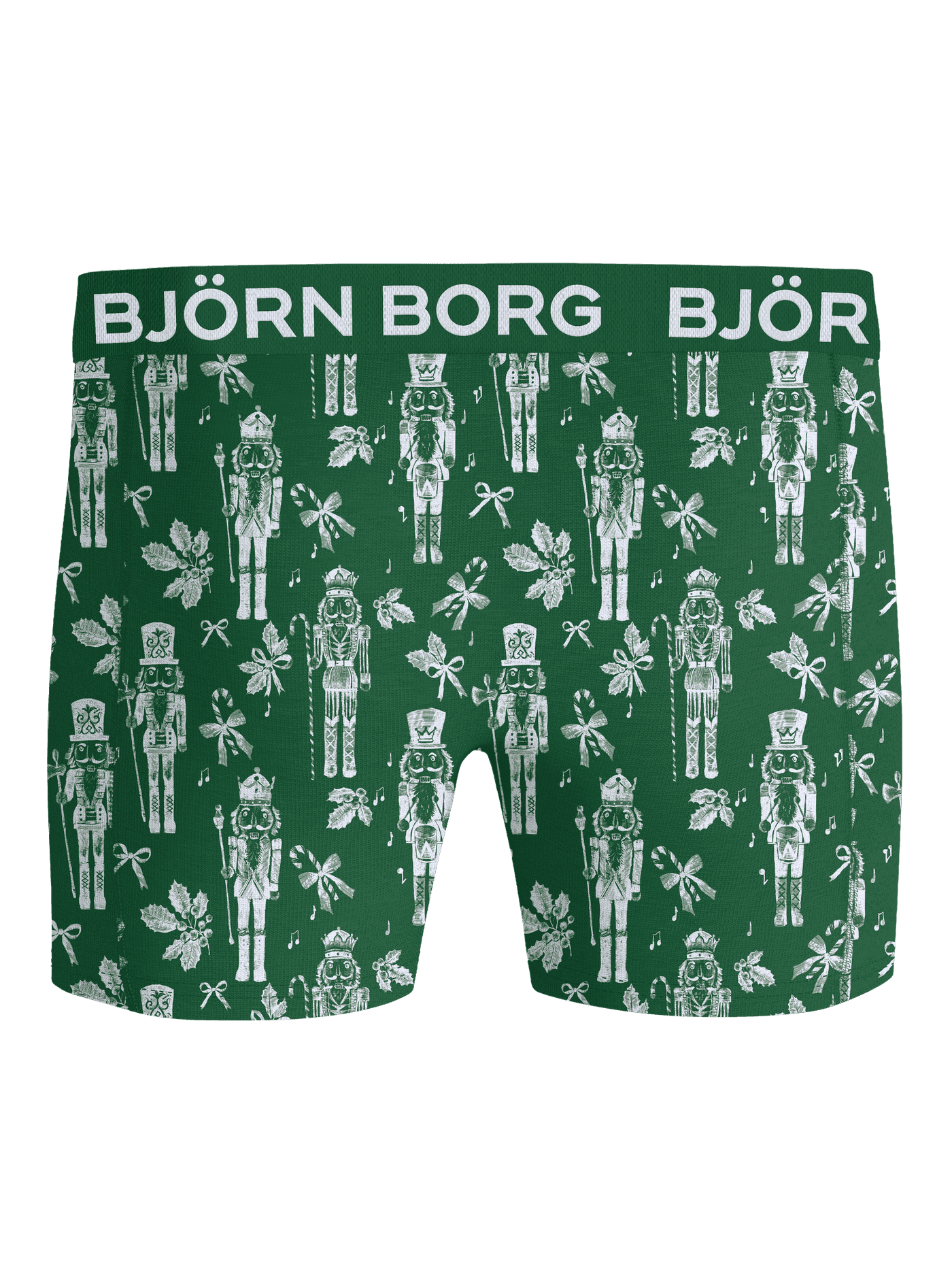 Front view of green printed boxer briefs with a white pattern and logo waistband. - Image 4
