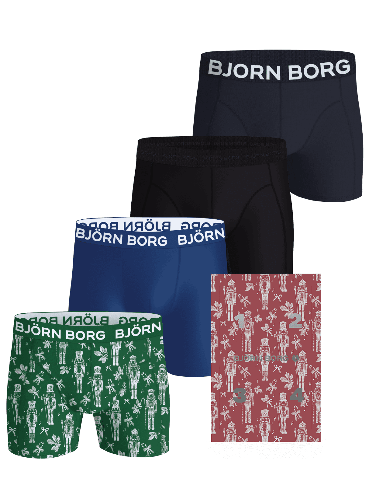 Cotton Stretch Discovery Box Boxer Briefs 4-pack displayed with their holiday packaging and multi-colored waistband designs. - Image 2