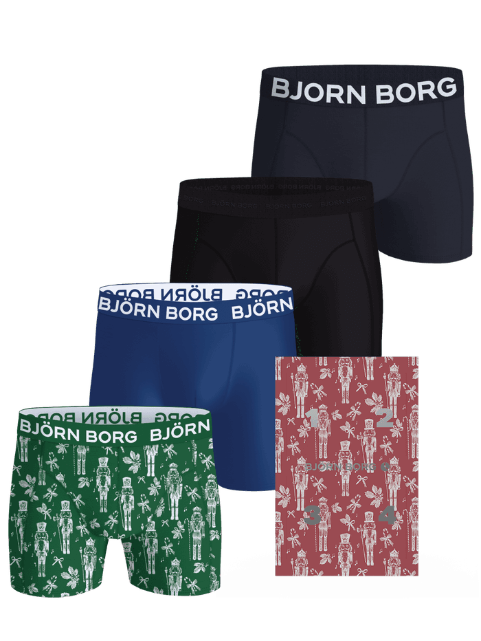 Cotton Stretch Discovery Box Boxer Briefs 4-pack displayed with their holiday packaging and multi-colored waistband designs.