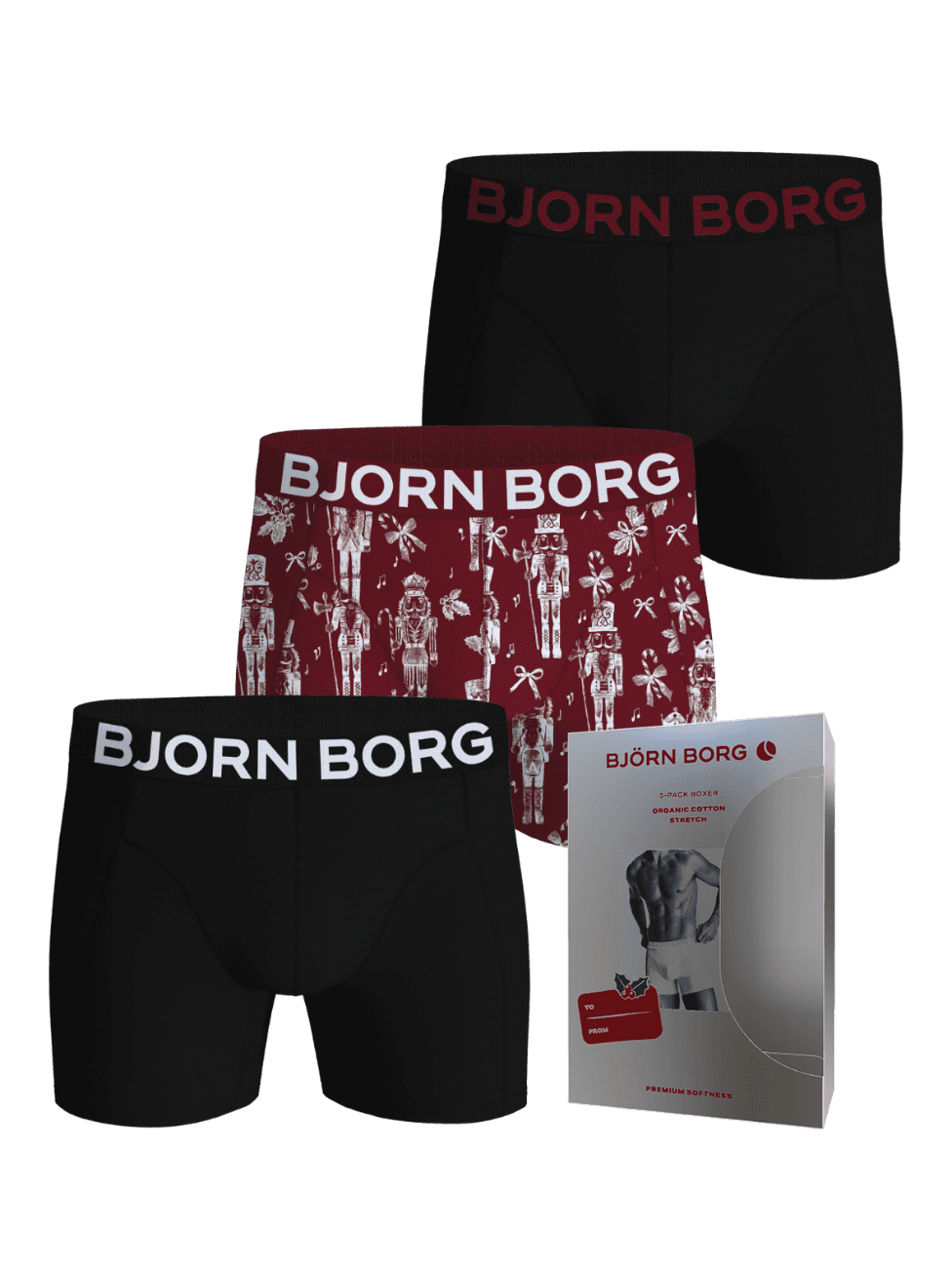 Organic Cotton Stretch Boxers 3-pack in black, red, and a festive holiday print with matching packaging box. - Image 1