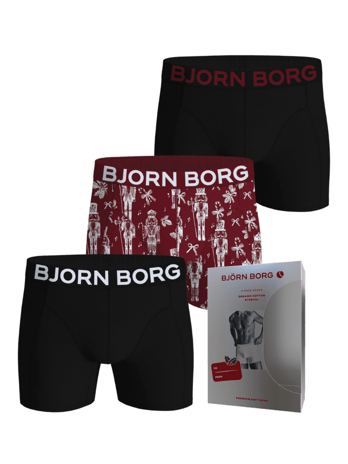 Organic Cotton Stretch Boxers 3-pack in black, red, and a festive holiday print with matching packaging box.