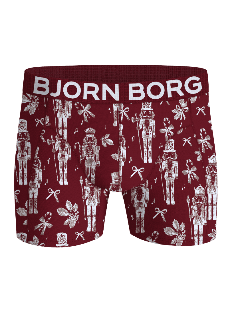 Front view of the Organic Cotton Stretch Boxer briefs 3-pack in red with a white Nutcracker print and a white logo waistband. - Image 4