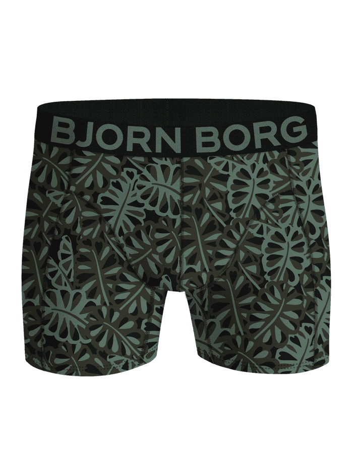Organic Cotton Stretch Boxers 3-pack featuring a green leaf print and a black waistband with a green logo.