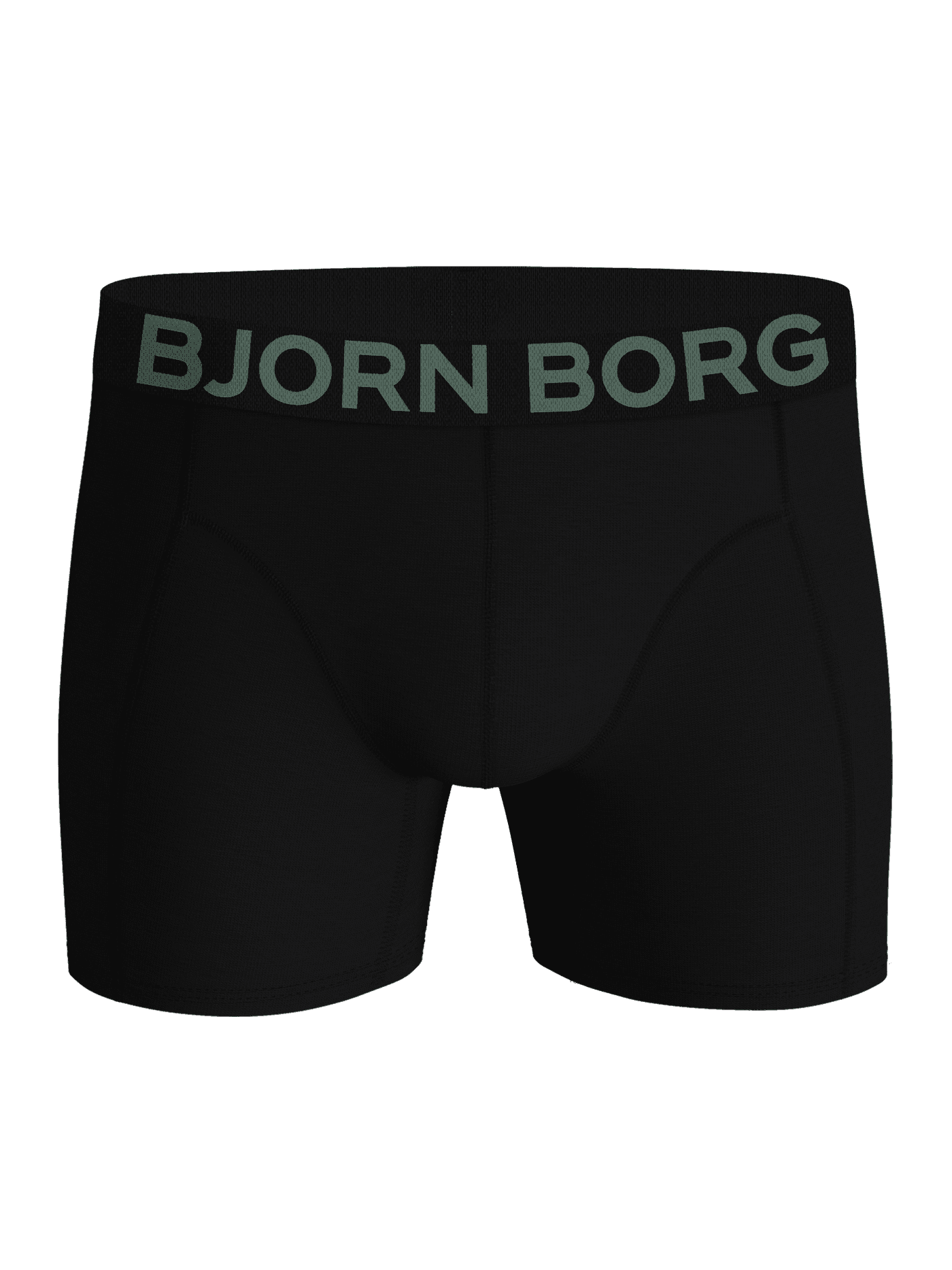 Front view of the Organic Cotton Stretch Boxers 3-pack in Multi, featuring black boxer briefs with a green logo waistband. - Image 2