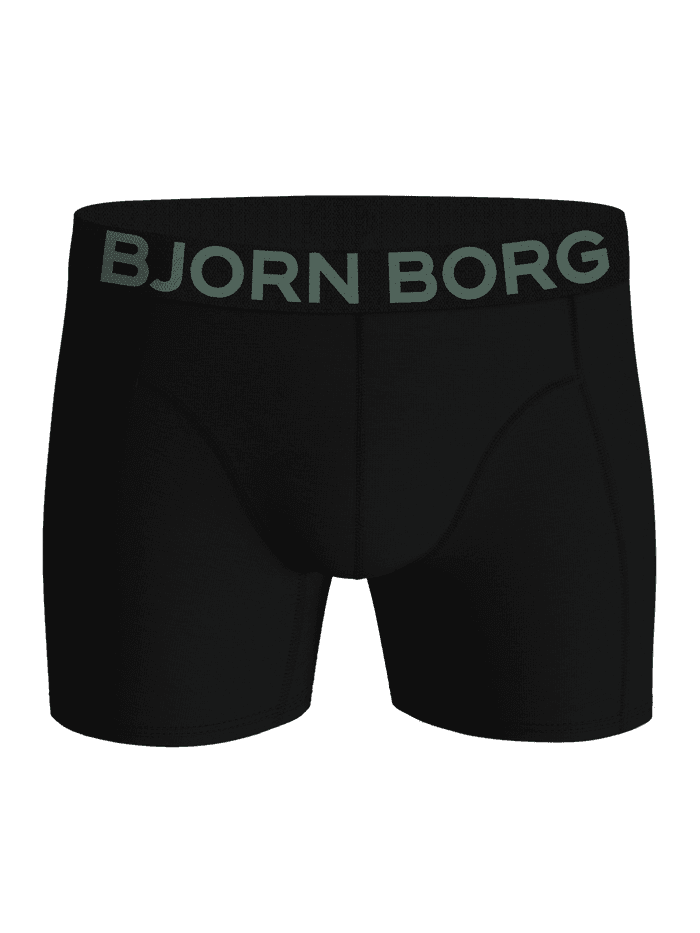 Front view of the Organic Cotton Stretch Boxers 3-pack in Multi, featuring black boxer briefs with a green logo waistband.