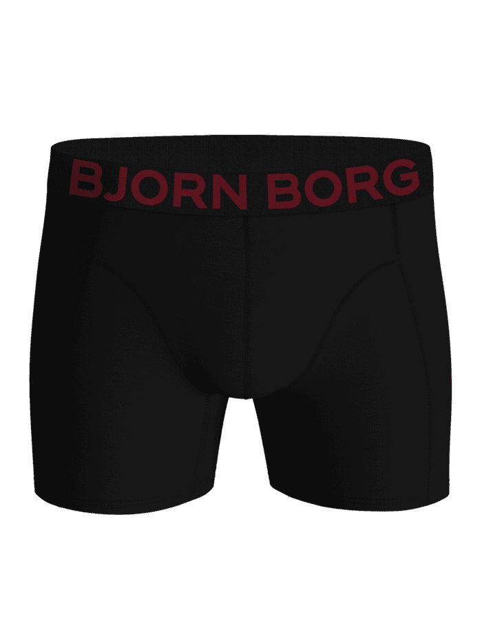Front view of the black Organic Cotton Stretch Boxer Briefs 2-pack featuring a dark red branded waistband.