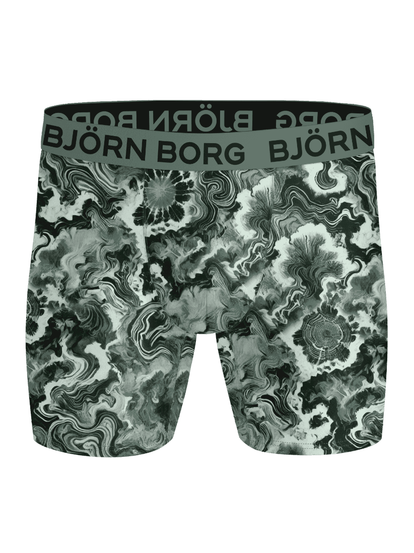 Front view of the Sports Microfiber Boxers 3-pack in green, with a graphic print and elastic waistband with logo. - Image 4