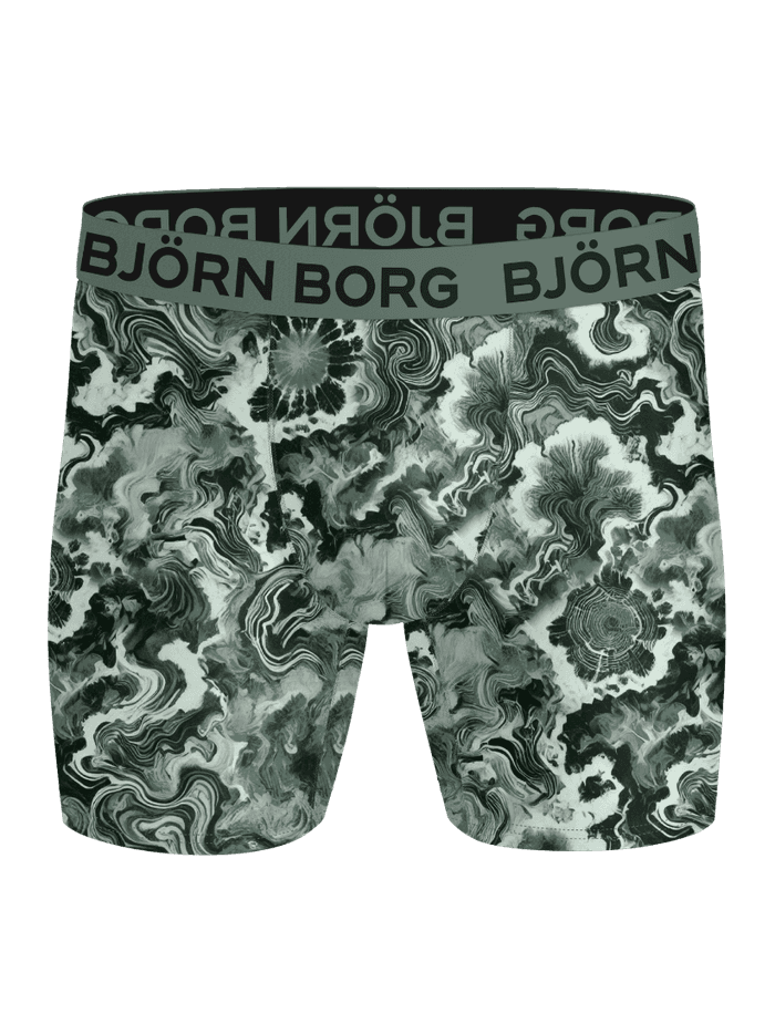 Front view of the Sports Microfiber Boxers 3-pack in green, with a graphic print and elastic waistband with logo.