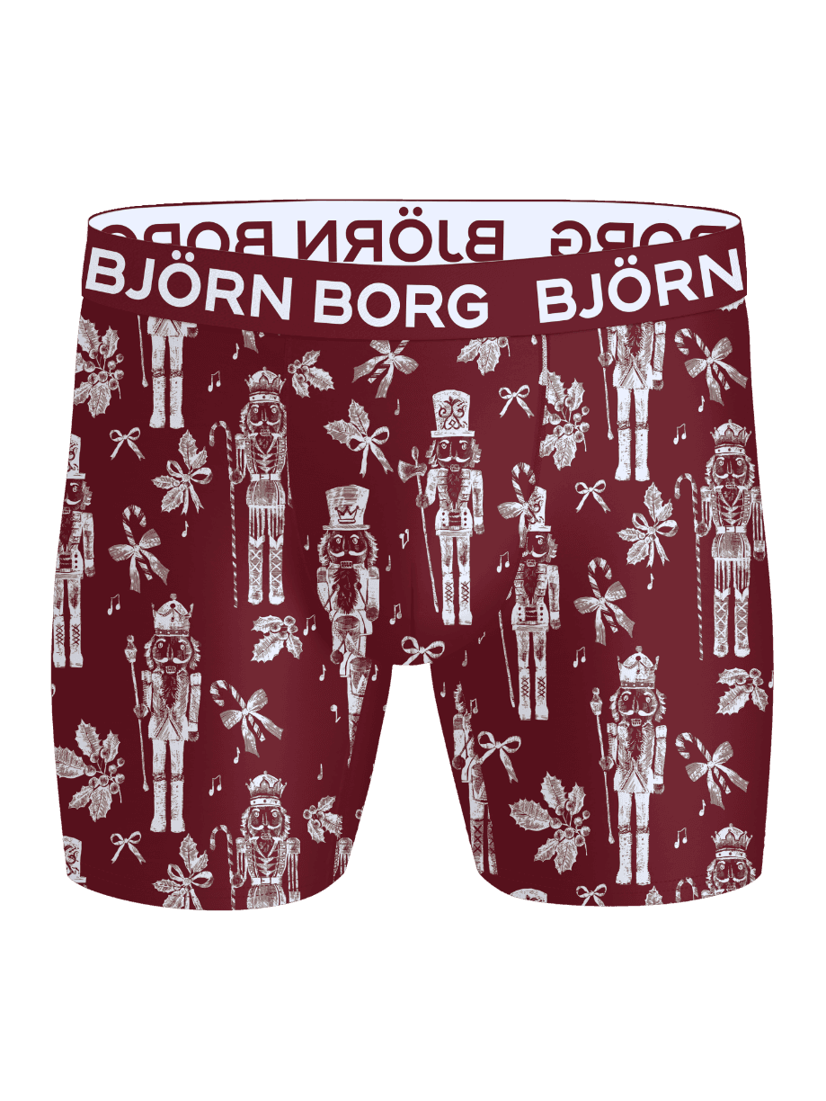 Front view of Sports Microfiber Boxer Briefs 3-pack with red nutcracker holiday pattern and white logo waistband. - Image 4