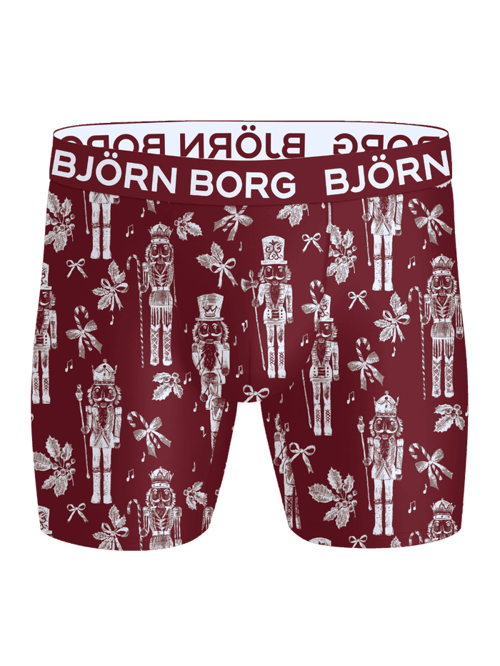 Front view of Sports Microfiber Boxer Briefs 3-pack with red nutcracker holiday pattern and white logo waistband.
