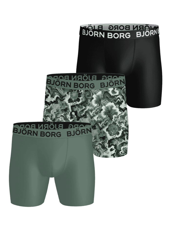 Front view of the Sports Microfiber Boxers 3-pack in black, green, and abstract pattern featuring elastic logo waistbands.
