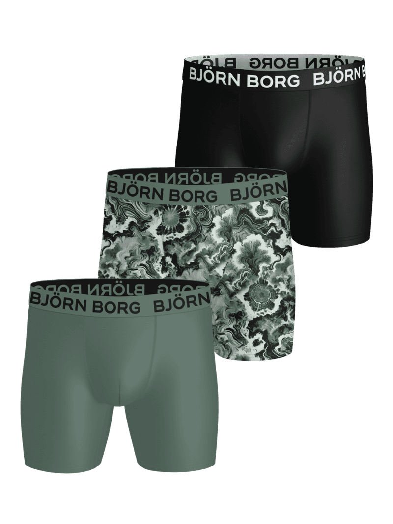 Front view of the Sports Microfiber Boxers 3-pack in black, green, and abstract pattern featuring elastic logo waistbands.