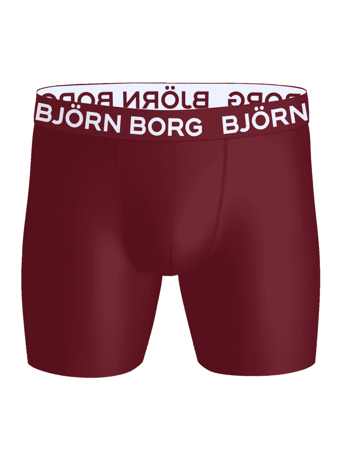 Front view of the Sports Microfiber Boxer Briefs 3-pack in red with a white elastic waistband featuring the Björn Borg logo.