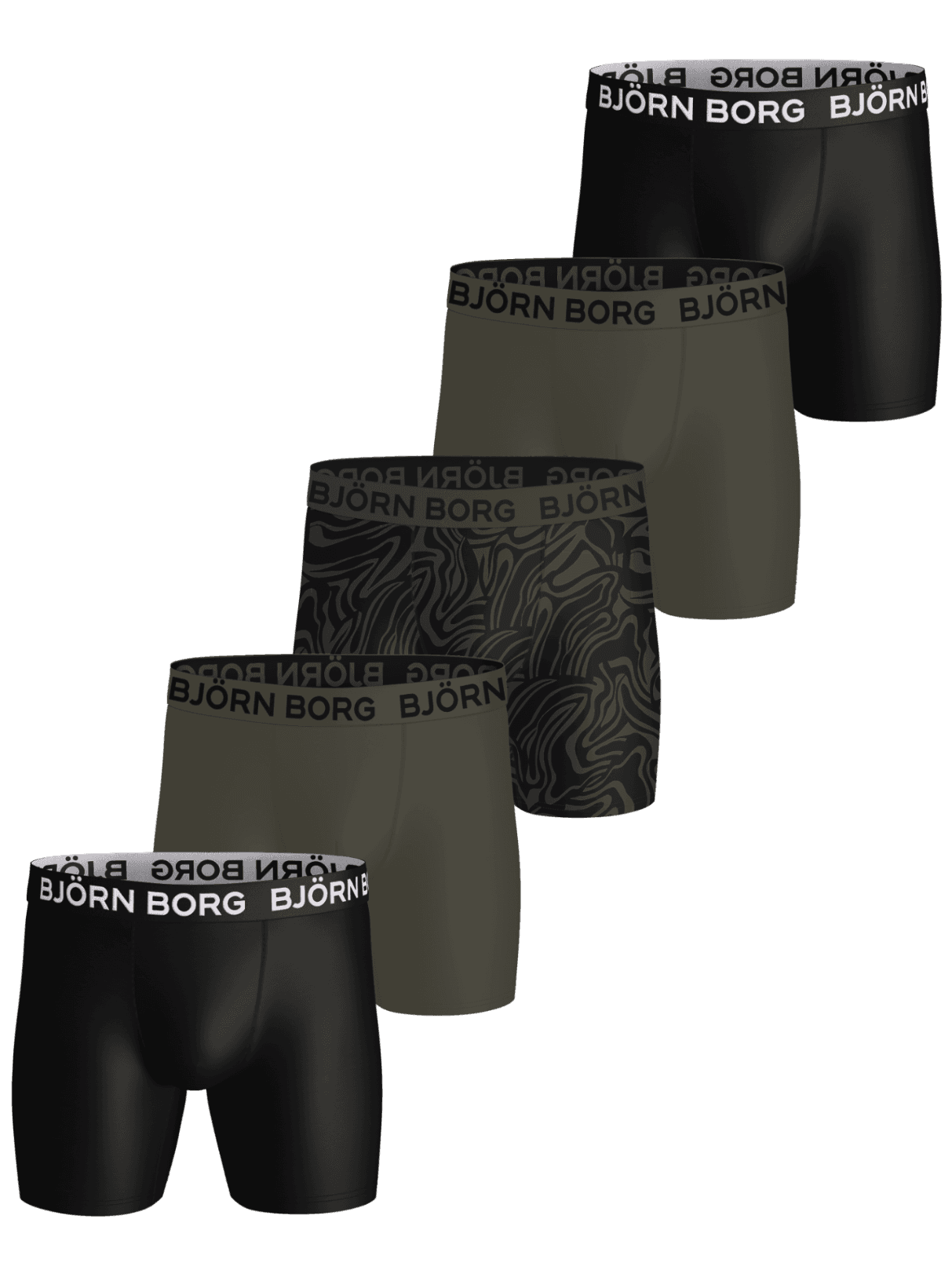 Sports Microfiber Boxers 5-pack in black, olive green, and an abstract pattern with white and black logo waistbands. - Image 1