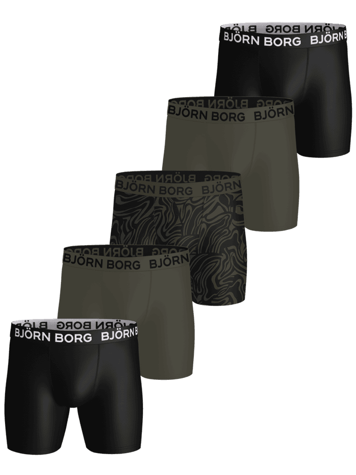 Sports Microfiber Boxers 5-pack in black, olive green, and an abstract pattern with white and black logo waistbands.